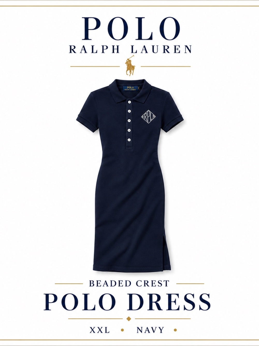 Polo Ralph Lauren Beaded Crest Polo Dress XXL Navy Tailored Midi Rare